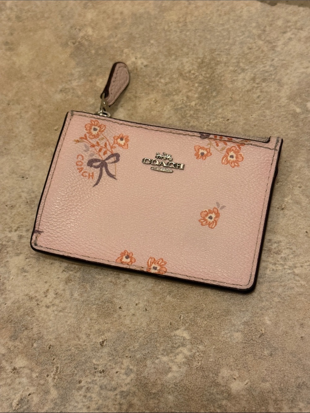 Coach Mini Skinny ID Case Ice Pink Floral Bow Print Card Wallet Coin Purse